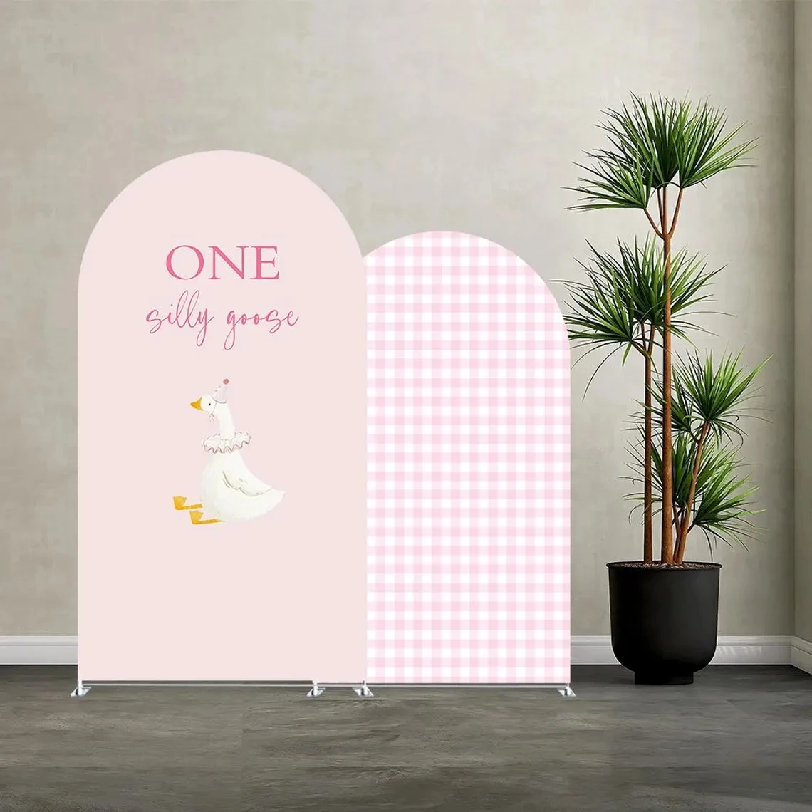 

LS Custom 2-Sided One Silly Goose Pink Plaids Girls Birthday Party Baby Shower Cover Chiara Arch Background Decor Backdrop