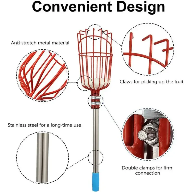 رأس منتقي الفاكهة مع عمود تلسكوبي قابل للتمديد ، سلة حديقة ، حصادة ، مقبض قبضة مانع للإنزلاق ، علو مرتفع