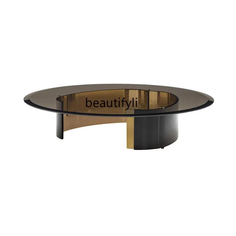 

Modern Creative Designer Coffee Table Italian Style Living Room Stainless Steel round Table Model Room Tempered Glass Tea Table