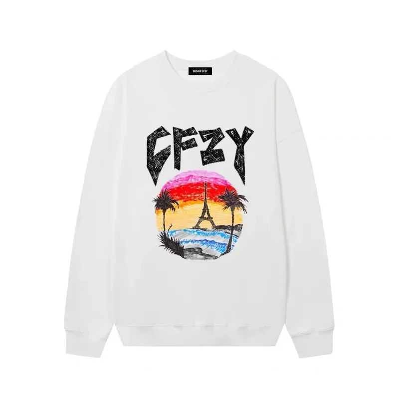 DESIER CFZY Paris Tower Print round Neck Sweatshirt Unisex Loose Casual Thin Top Streetwear Fashion Basic Crewneck Pullover