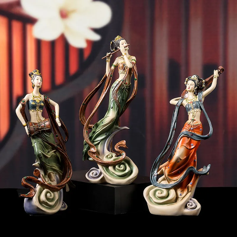 1PC Chinese Dunhuang Flying Apsaras Statue Zen Classical Figure Home Living Room Entrance Bookcase Vintage Decor Craft