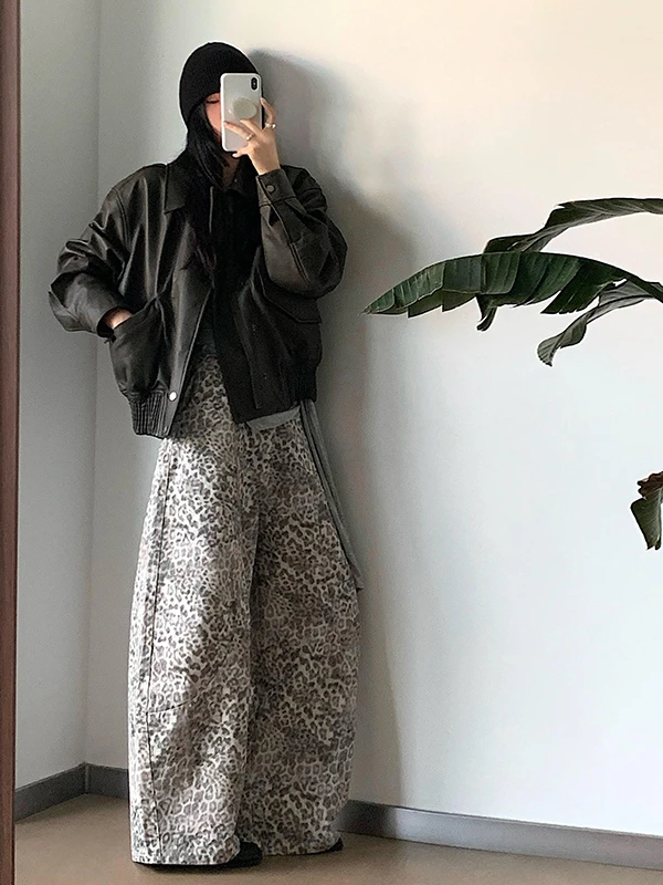American Retro Leopard Print Wide Leg Low Waist Jeans Women's Autumn 2025 New Sle Loose Fit Floor Length Scythe Pants