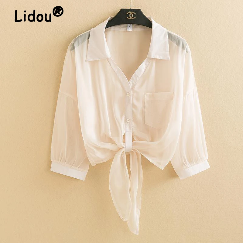 

Women Fashion Urban Thin Sun Protection Cardigan 3/4 Sleeve Short Chiffon Blouses Small Shawl Summer with Slip Dress Shirt Top