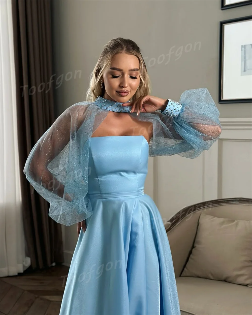 Toofgon-vestidos de noche azules sin tirantes con abertura larga, capa de manga larga brillante, vestidos de fiesta personalizados, vestido largo de celebridad para mujer