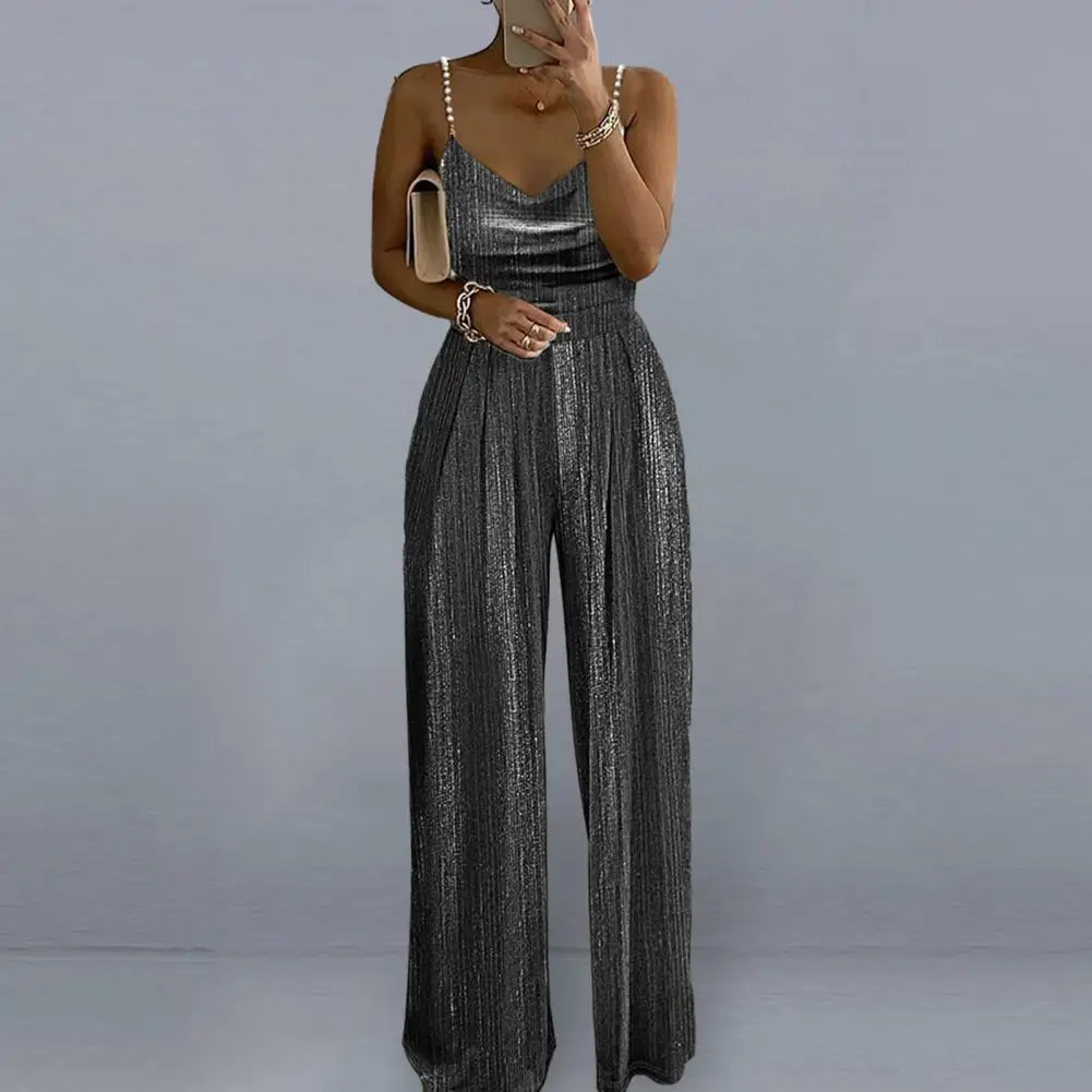 Women Jumpsuit Beaded Strap Metallic Wide Leg Pleated High Waist Full Length Party Prom Lady Long Jumpsuit monos para mujer