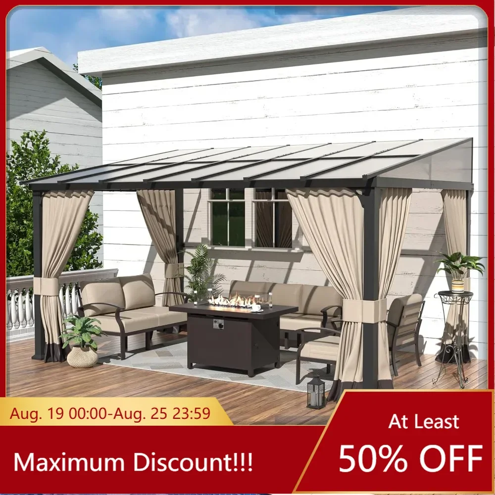 

Outdoor Lean to Gazebo,Hardtop Wall Mounted Gazebo, Awnings for Patio with Metal Frame,Double Curtains for Garden,Lawn,Backyard