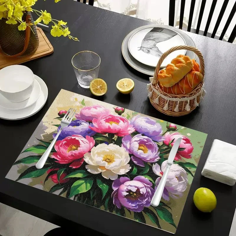 VIKAMA Placemat Peony Flowers Oil Painting, Waterproof Oil-Proof Heat-Resistant Non-Slip Woven Dining Table Mat