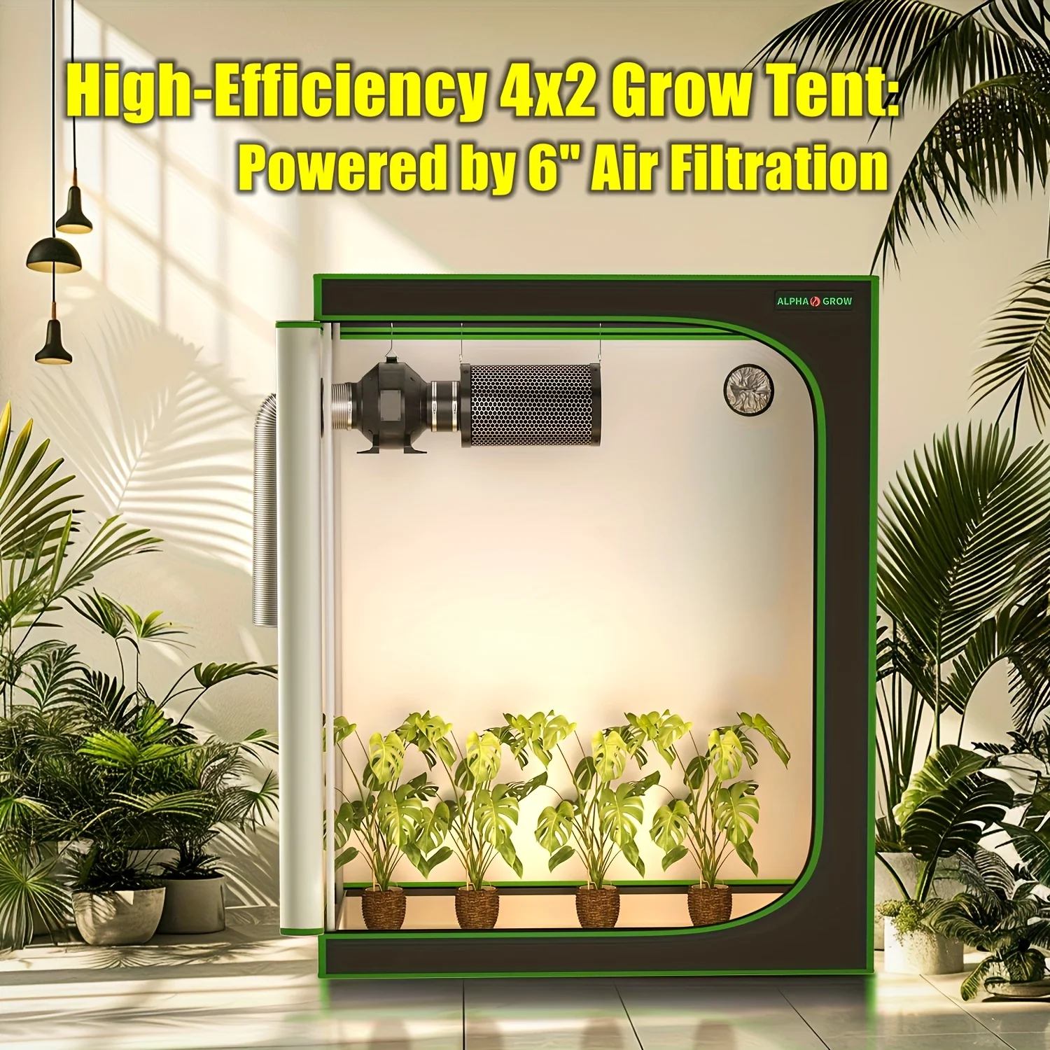 

ALPHAGROW Indoor Grow Tent Kit With 4" Inline Fan, AIR Carbon Filter & Pre-Filter, Quiet 210CFM Ventilation, Lightproof 4x2 Grow