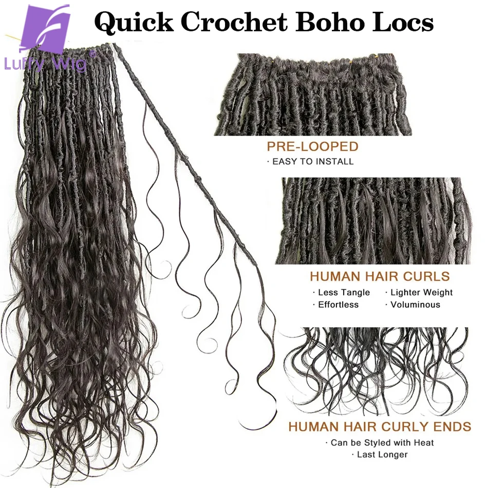 Body Wave Boho Locs Crochet Human Hair Pre Looped Goddess Crochet Boho Locs with Human Hair Curls Boho Dreadlocks Hair Extension