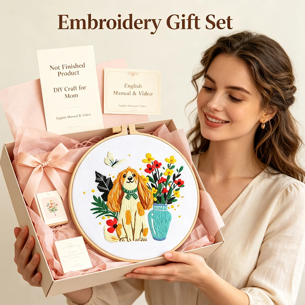 Healing and Adorable Dog and Floral DIY Embroidery Kit - Not a Finished Product, Beginner-Friendly Embroidery Set with Embroidery Hoop, Thread, Full Set of Tools, and English Tutorial Instructions. Easy to Get Started for Beginners, Stress-Relieving Handmade Creation. Golden Retriever Dog with Vase, Fresh Flowers, Butterfly Design. Forest Style, Ins Style Home Wall and Desktop Decoration. Suitable for Graduation Season, Mother's Day, Birthday, Valentine's Day, Housewarming Gifts. a Thoughtful Gift for Pet-Loving Girls, Best Friends, and Classmates