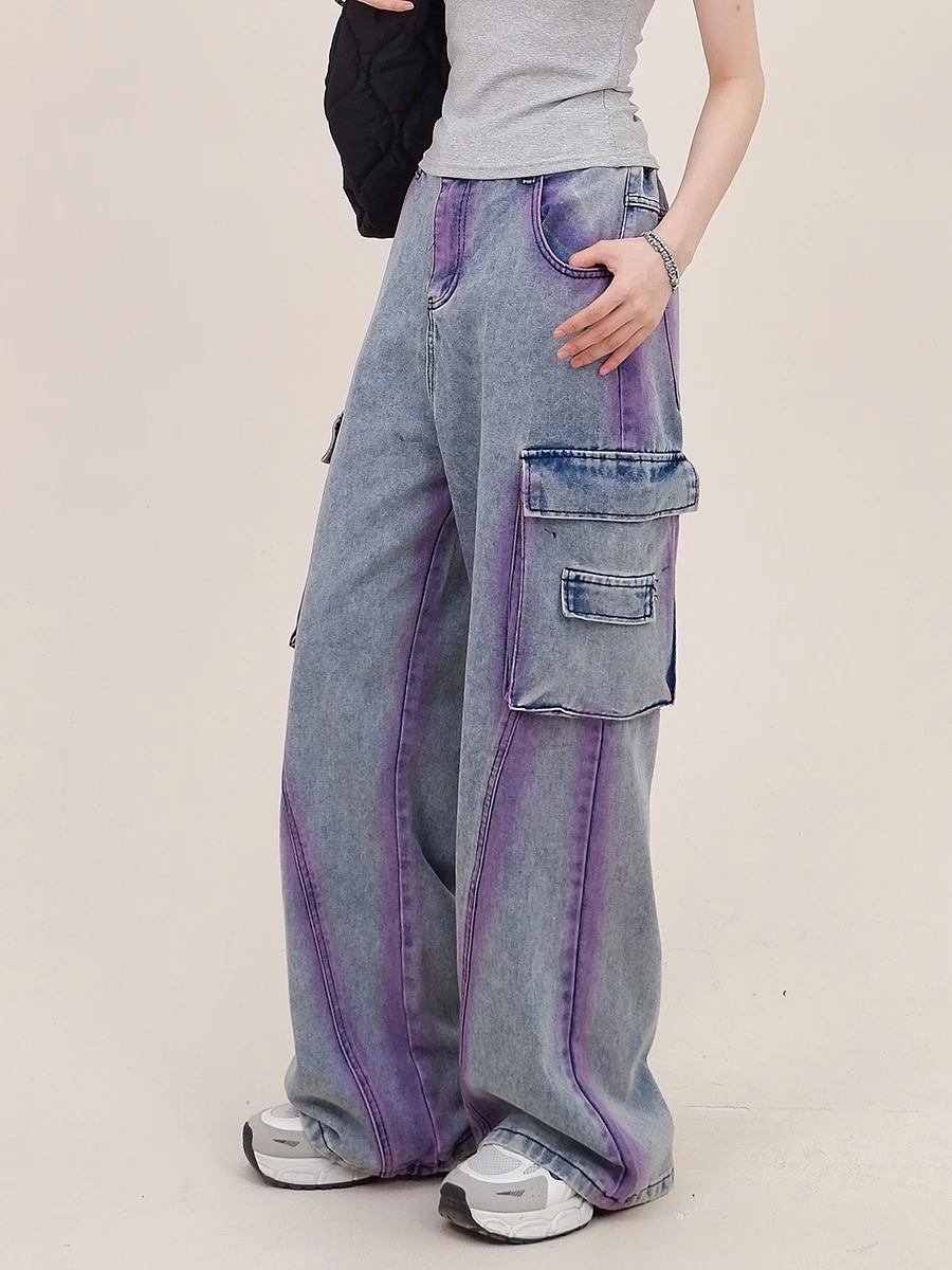 Pantalones vaqueros con bolsillos grandes para mujer, ropa de trabajo de colores, de pierna ancha, marca de moda americana, primavera 2024