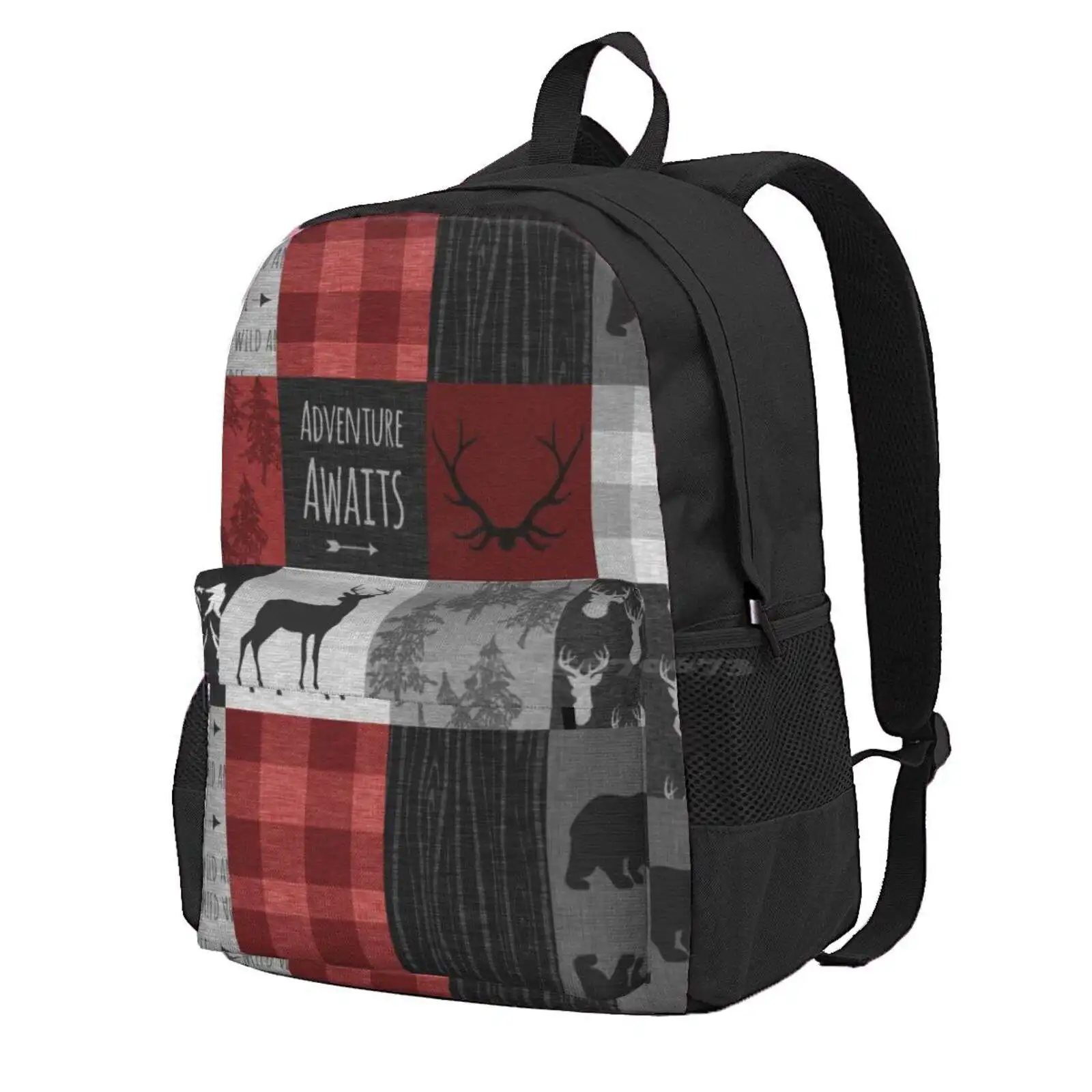 Adventure Awaits Patchwork - Red And Black Woodland Hot Sale Schoolbag Backpack Fashion Bags Moose Elk Deer Buck Rustic Red And