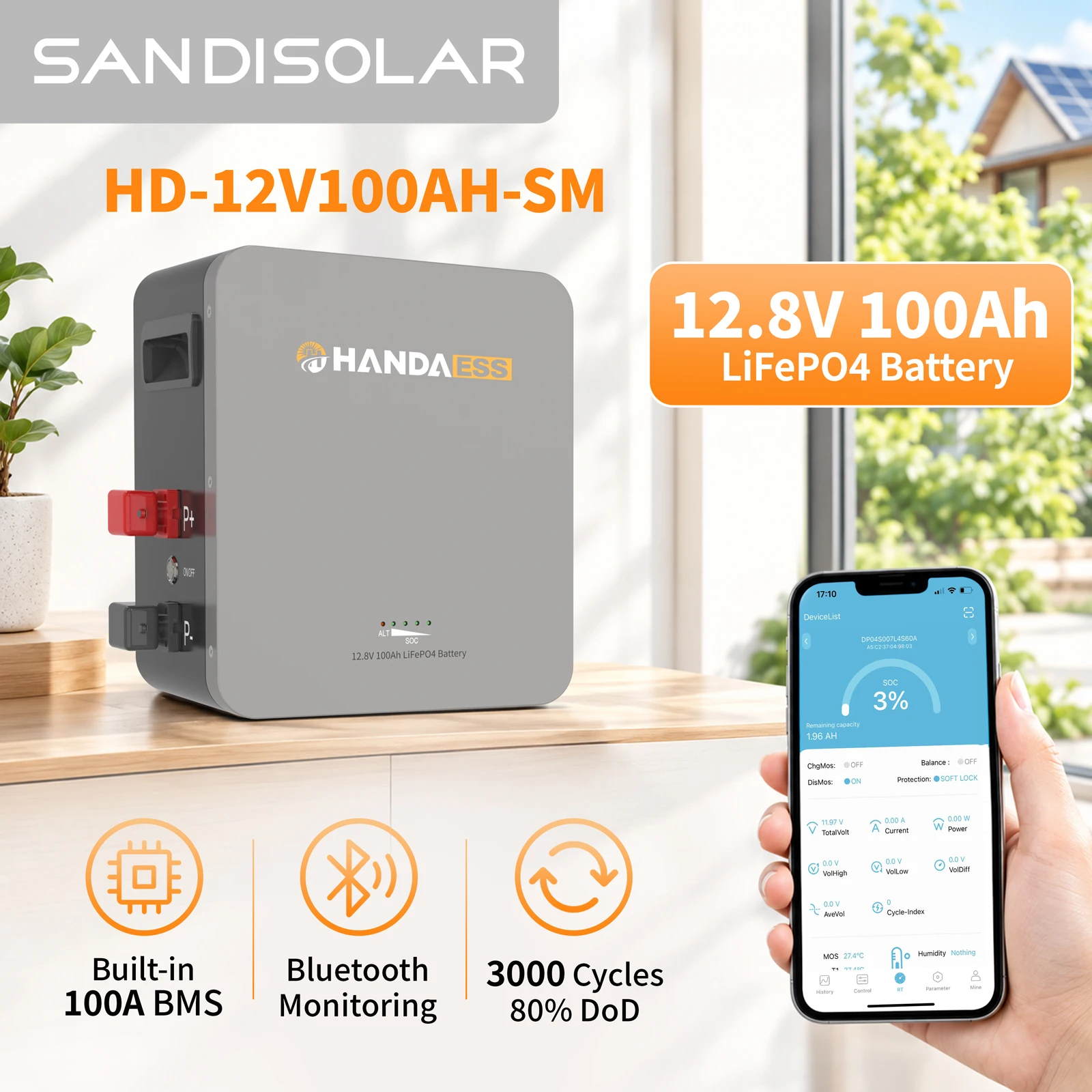 SANDISOLAR 12V 100Ah LiFePO4 Battery 1280Wh Deep Cycle Lithium Iron Phosphate BMS 100A for RV Solar Marine Off-Grid