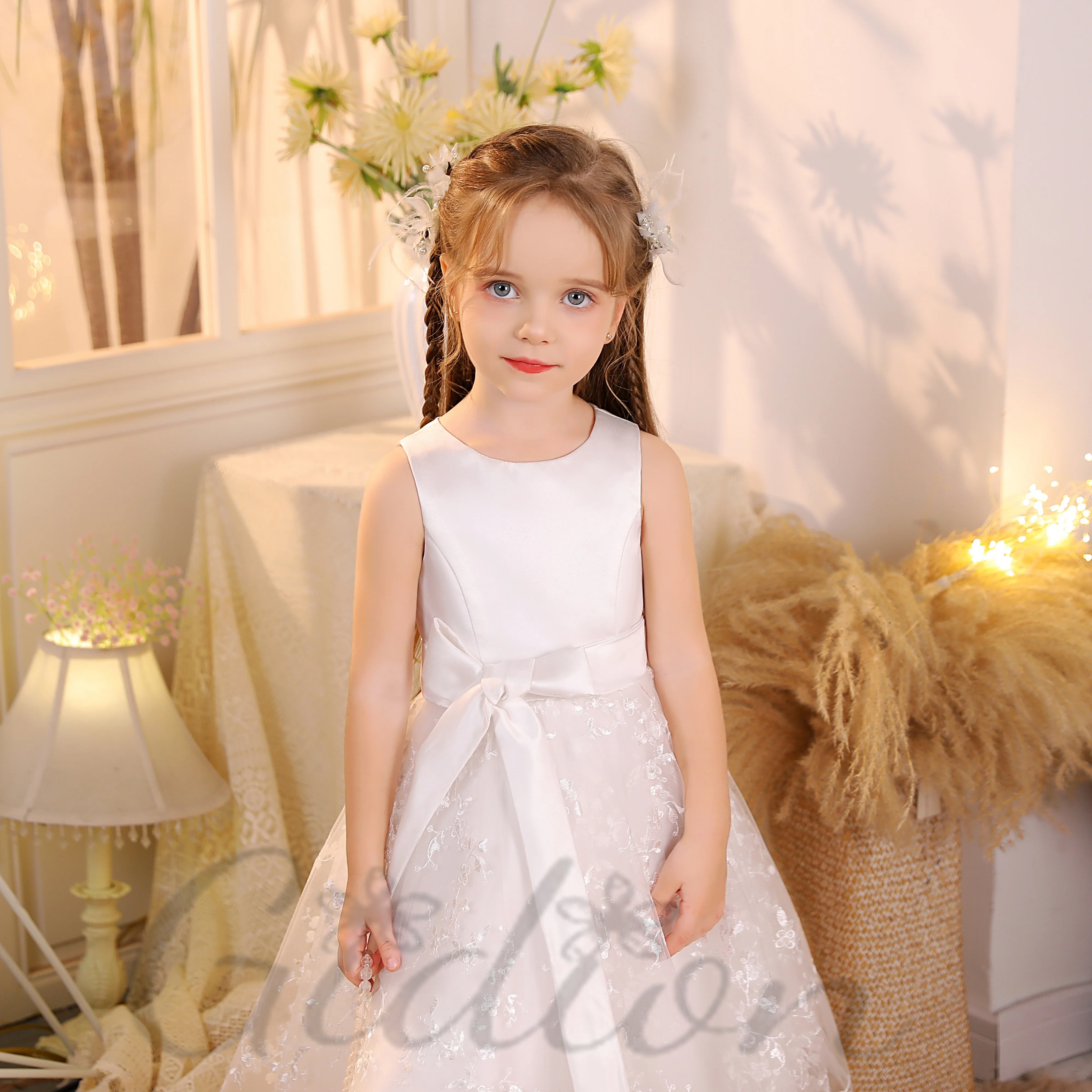 Satin/Tulle Princess Flower Girl Dress For Children First Communion Wedding Show Pageant Prom Night Banquet Birthday Party Event