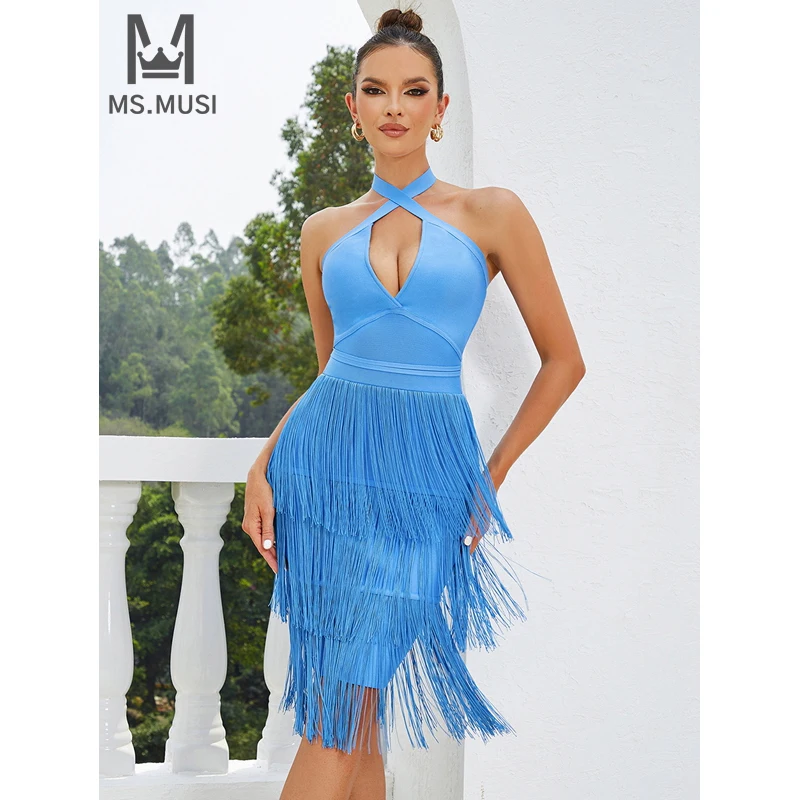 

MSMUSI 2024 New Fashion Women Sexy Halter Tassels Sleeveless Lace Up Backless Bandage Bodycon Party Club Event Slim Mini Dress