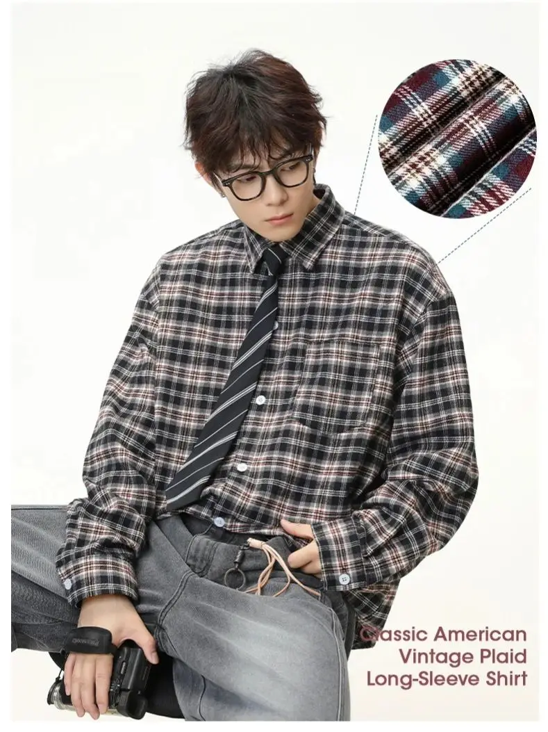 

Retro Contrast-Color Plaid Long-Sleeve Shirt for Men Basic Checkered Collar Pocket Shirt Couple's Outerwear