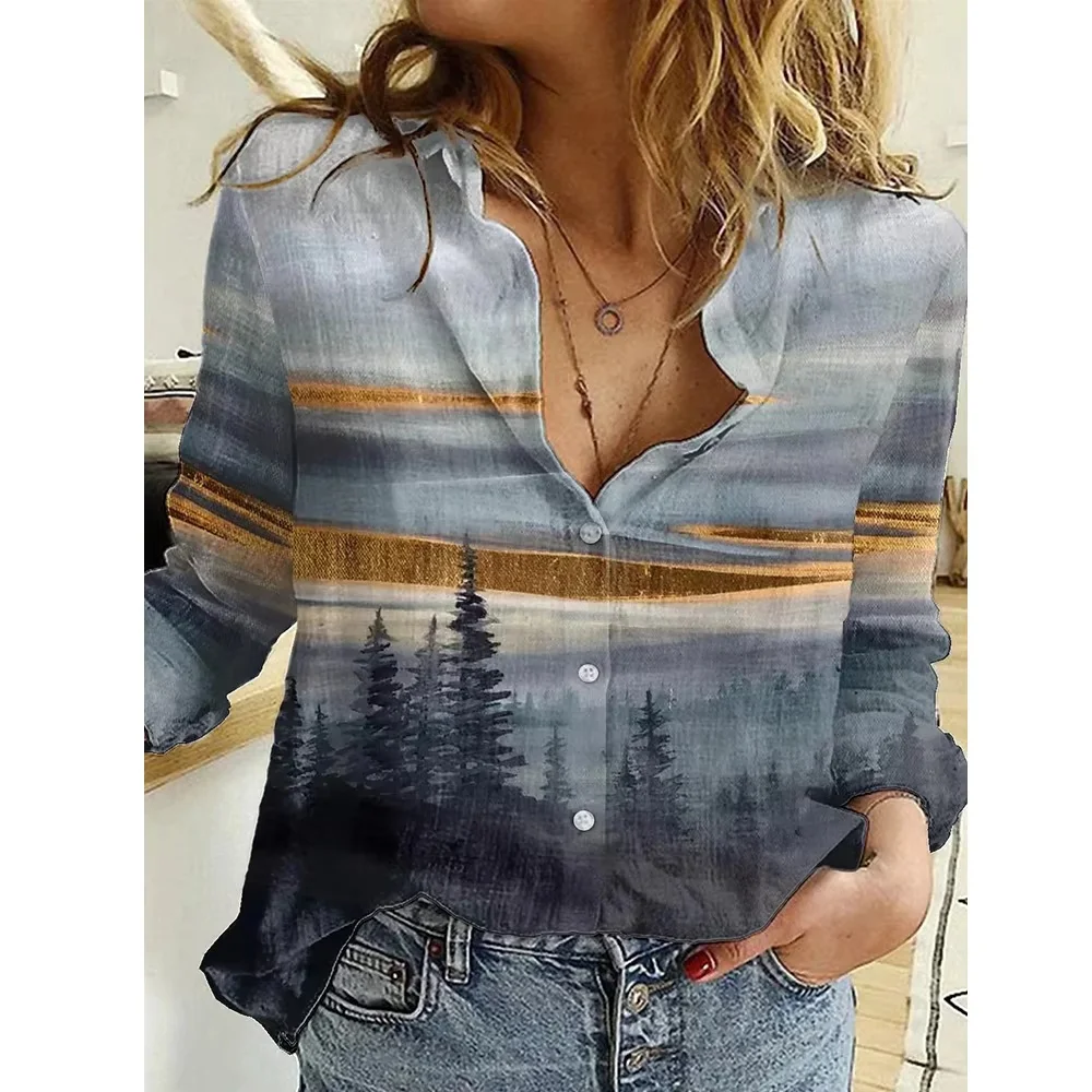 

Retro Women's Printed Shirt Summer Turn-Down Collar Long Sleeve Casual Abstract Painting Shirt For Women Streetwear Tops New