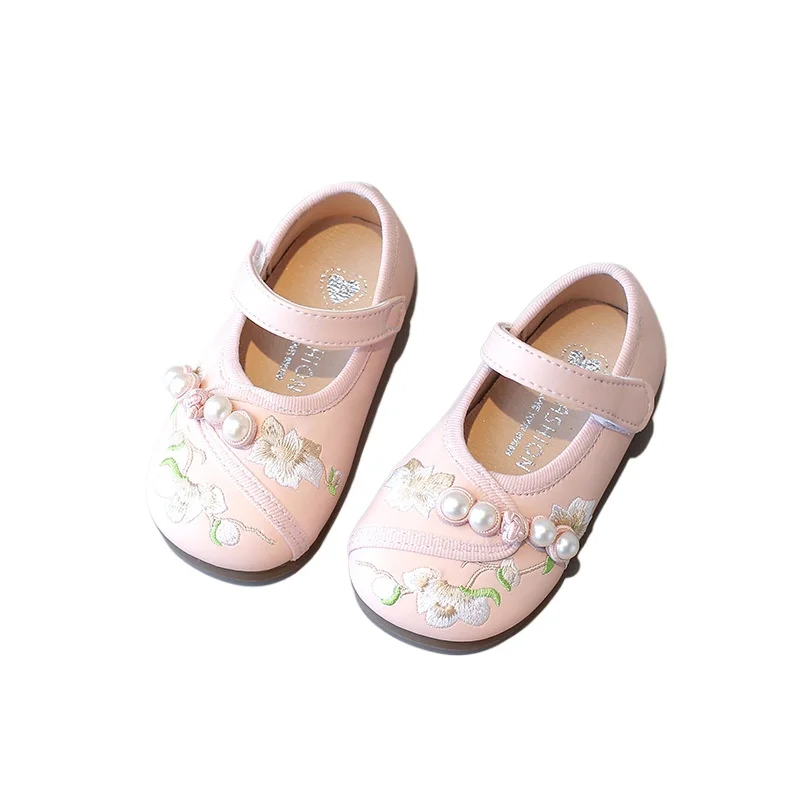 Spring Autumn Girls Leather Shoes Fashion Pearl Embroidery Flower Kids Princess Shoes Soft Bottom Sneakers