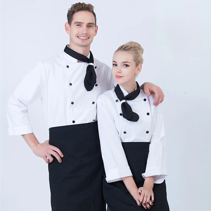 Unisex Kitchen Chef Jackets Restaurant Waiter Uniform Shirt Bakery Double Breasted Work Clothes Long Sleeves Send Bow Tie