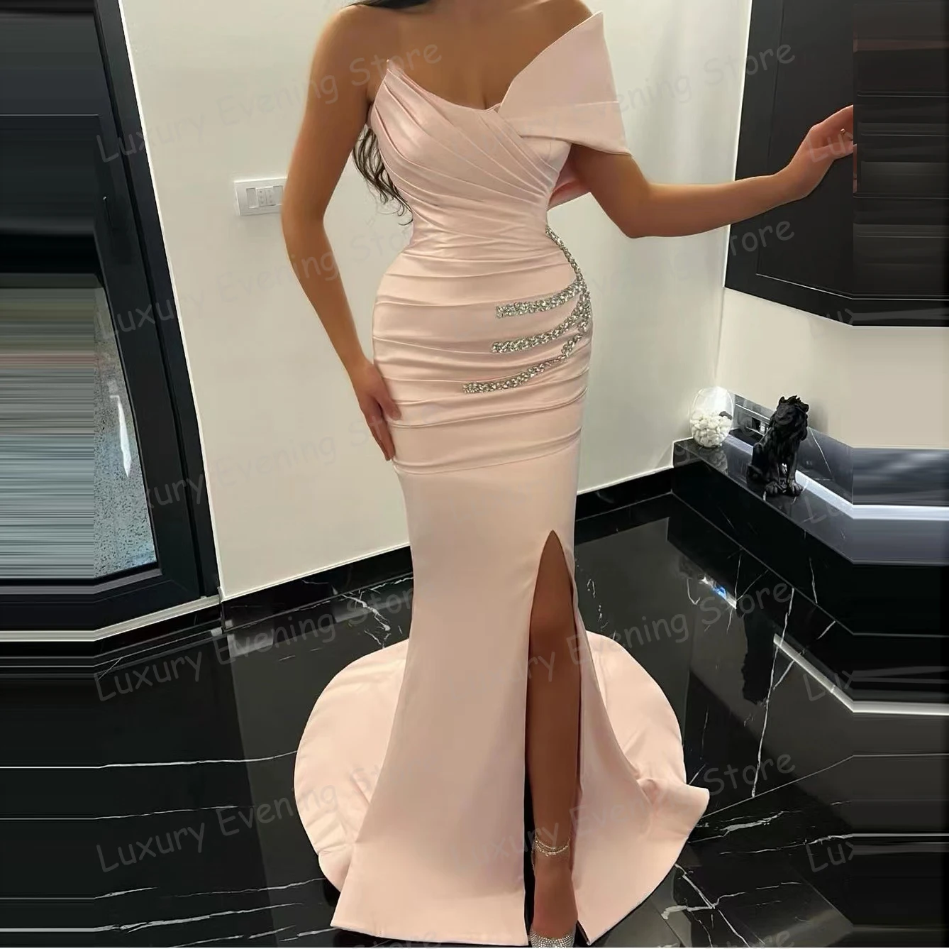 Luxury Elegant Mermaid Evening Dresses 2024 Woman\'s Sexy Sleeveless One Shoulder Split Prom Gowns Court Train Satin فساتين طويلة