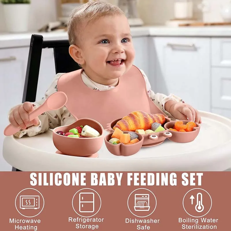 8Pcs Baby Feeding Set Children\'s Crab Plate Bowl Straw Cup Set Free Personalized Name Logo Tableware For Kids Baby Accessories
