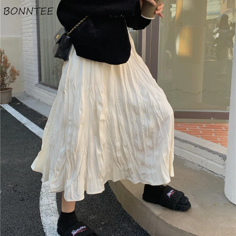 

Pleated Midi Skirts Women Streetwear All-match Simple Age-reducing Temperament Summer Elegant Trendy Baggy Faldas Princess New