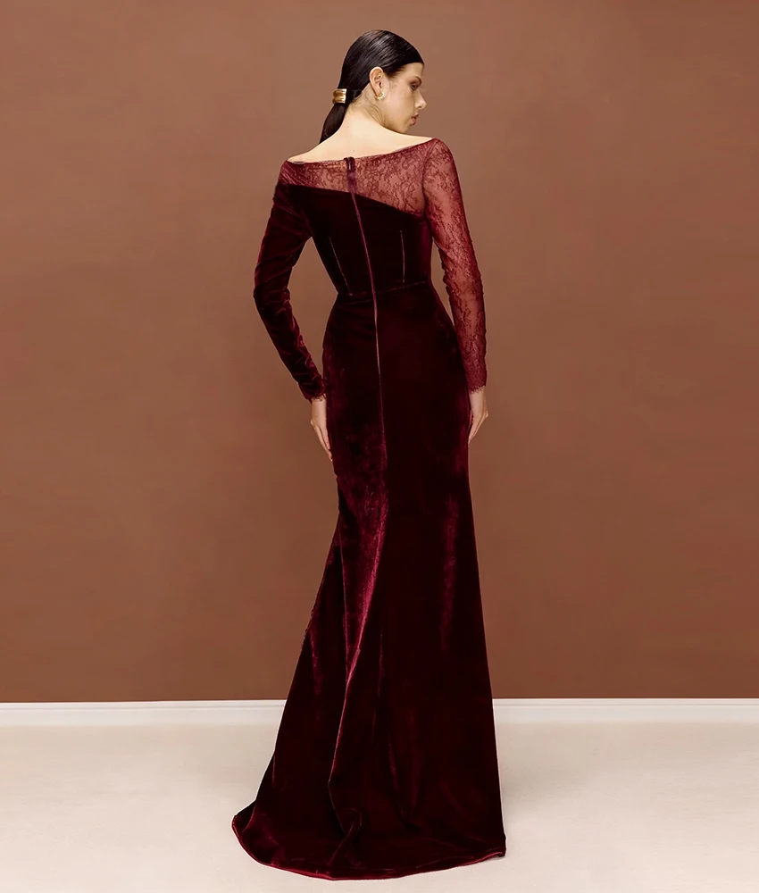 Сексуальное бархатное кружевное вечернее платье русалки по индивидуальному заказу, темпераментное вечернее платье с круглым вырезом и длинными рукавами длиной до пола, индивидуальный размер