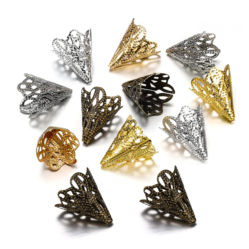 30Pcs/Lot 17x20mm Ancient Flower Shape Filigree Cone Charms Beads Cap for DIY Earring Necklace Jewelry Making Accessories