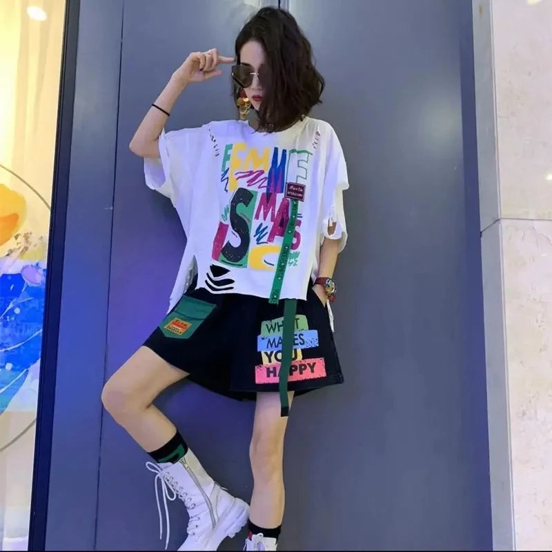 Creative Print Letter T Shirts Sets Women Broken Design Personality Tshirt and Casual Shorts Fashion Two Piece Set Summer Trendy