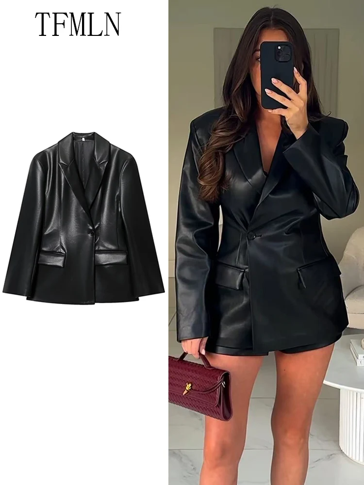 

TFMLN 2025 новые куртки из искусственной кожи для женщин, офисные шикарные пальто с карманами на одной пуговице, топы, простая тонкая повседневная верхняя одежда с зубцами