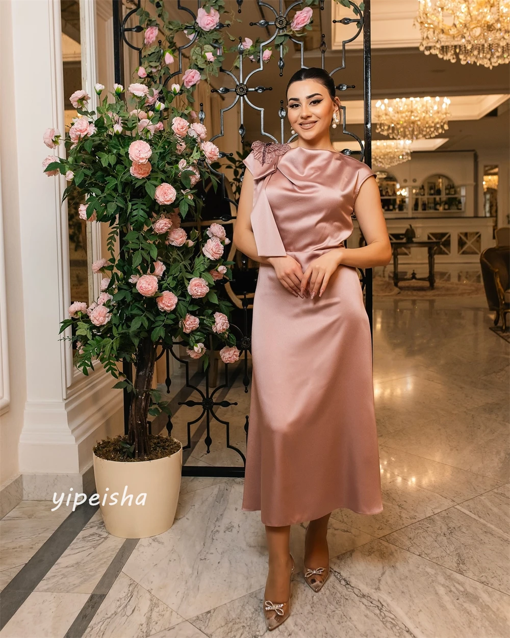 Satin Flower Beading Ruched Clubbing A-line High Collar Bespoke Occasion Gown Midi Dresses