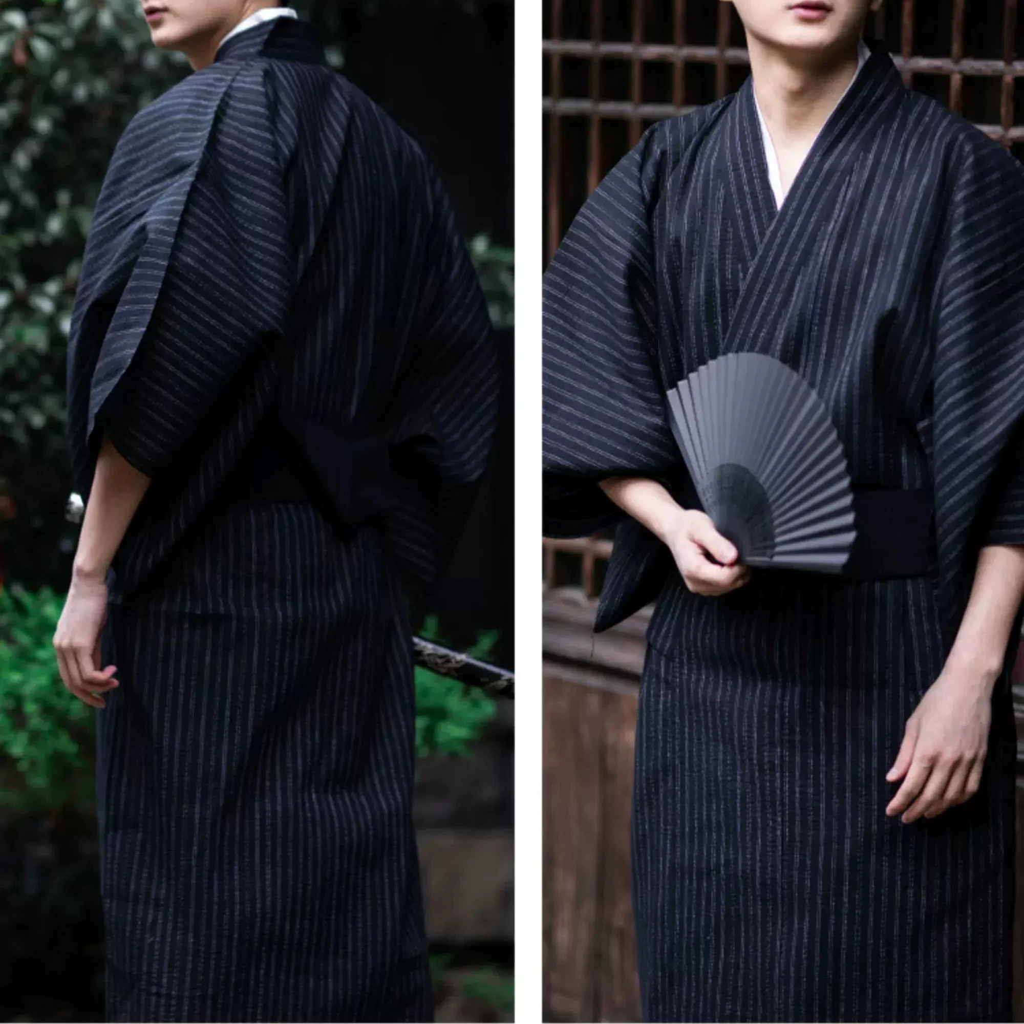 Black Summer Navy Japanese Traditional Samurai Kimono For Men Yukata Bathing Robe Hekoobi Loose Style Homewear Long Gown Cotton