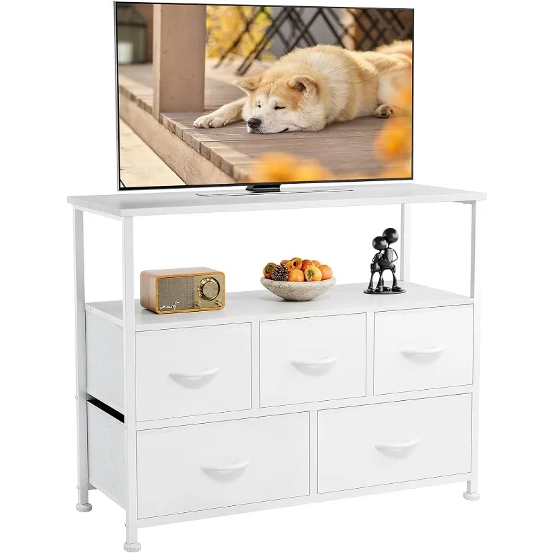 

TV Stand Dresser for Bedroom with 5 Fabric Drawer, Entertainment Center for 45 inch Television, Media Console Table with Storage