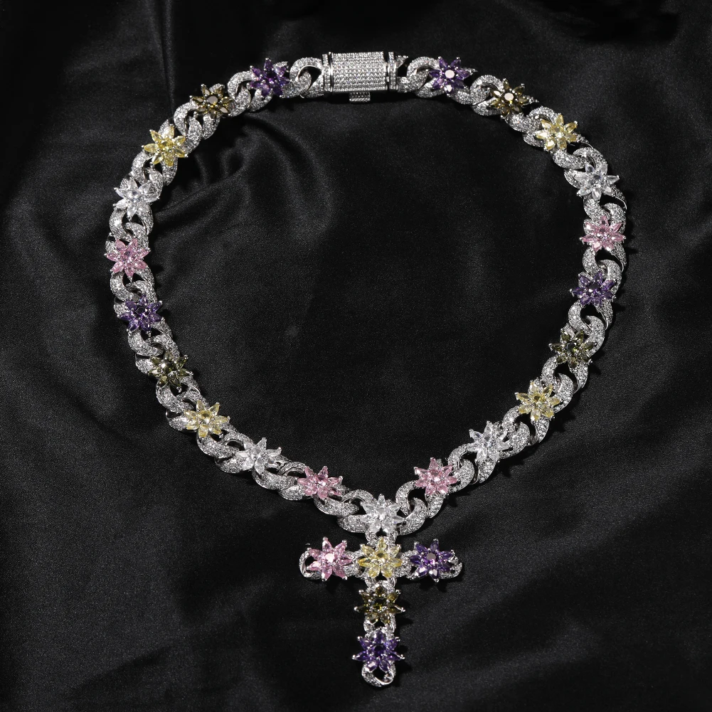 THE BLING KING Full Multi Color CZ Flower Infinity Chain Necklace For Women Cross Pendant Micro Paved Cubic Zircon Link Jewelry