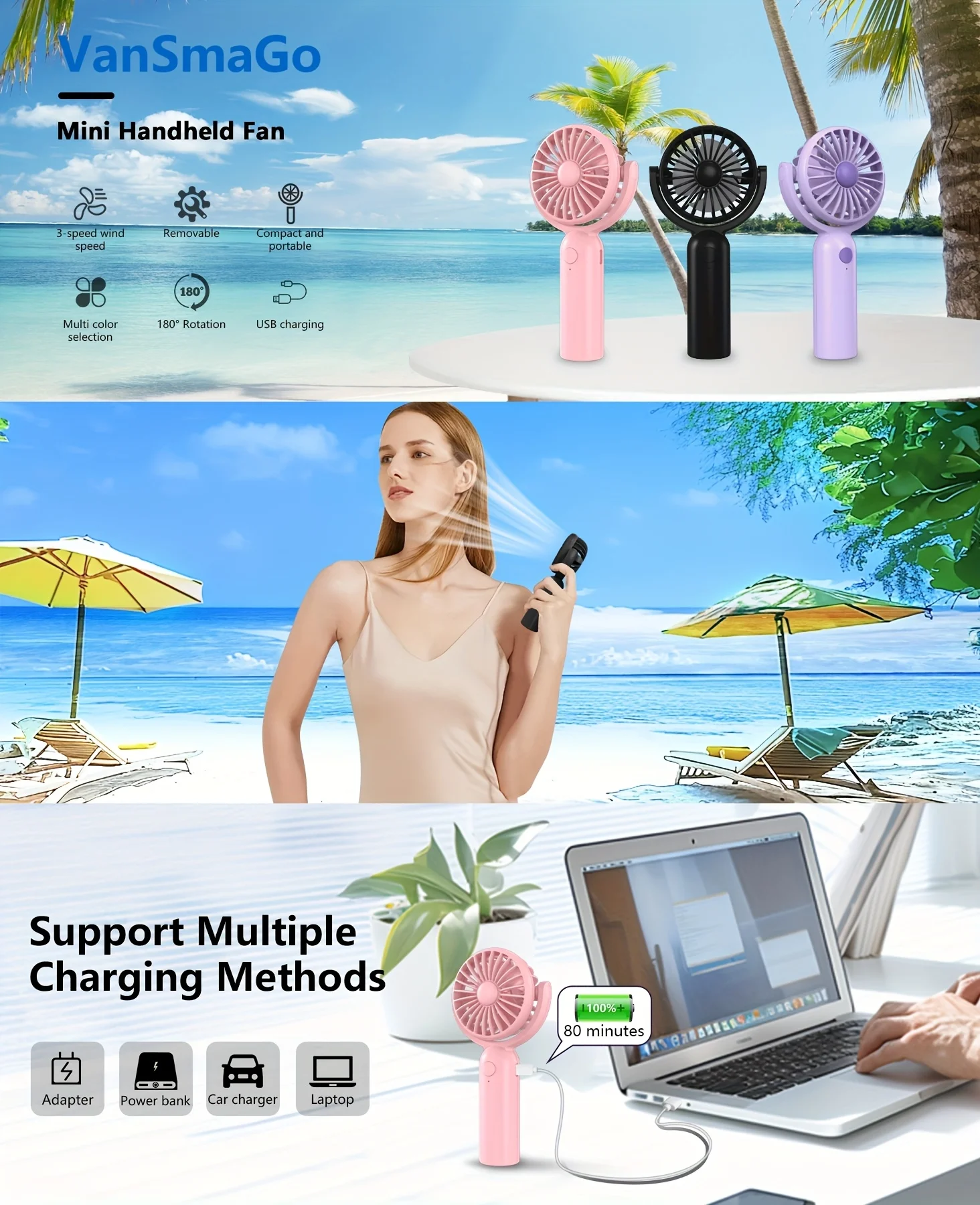

Перезаряжаемый мини-вентилятор USB-C, 3/6 шт., 3 скорости ​ ​ Регулируемый портативный мини-вентилятор, перезаряжаемый