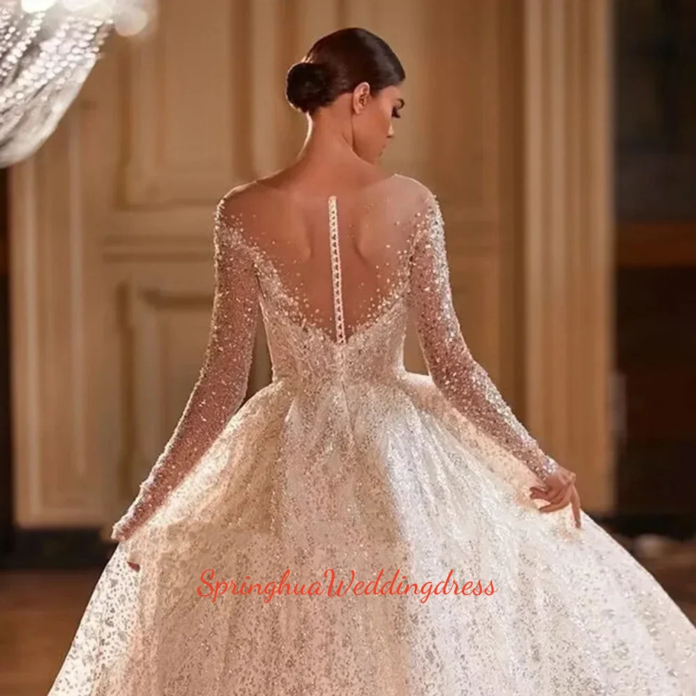 

Customized Long Sleeve Ball Gown Wedding Dresses 2026 Beading Tulle Button Back Gorgeous Vestidos De Novia