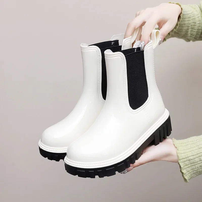 Damskie kalosze modne wodoodporne buty ze średnią rurką platformy gumowe kalosze Outdoor antypoślizgowe buty ogrodowe Botas Lluvia Mujer