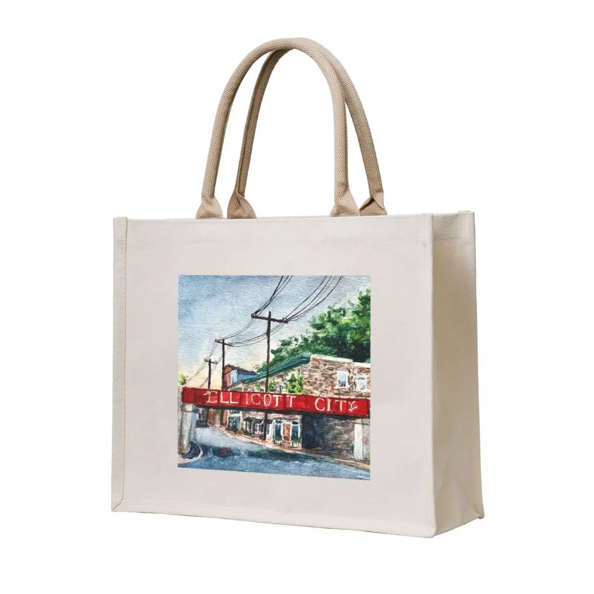 

Old Ellicott City Bridge Watercolor Painting Tote Bag Shopper personalized tote bag university shopper bag cute pouch
