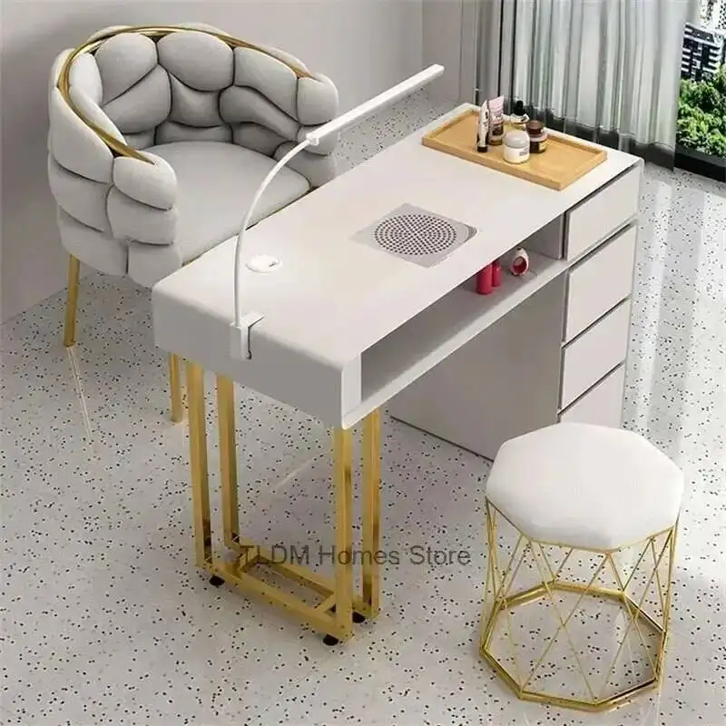 

Single Table Double Drawers Manicure Modern with Cream Style Nail Table and Chair Set Light Luxury Ins Nail Table for Nail Shop