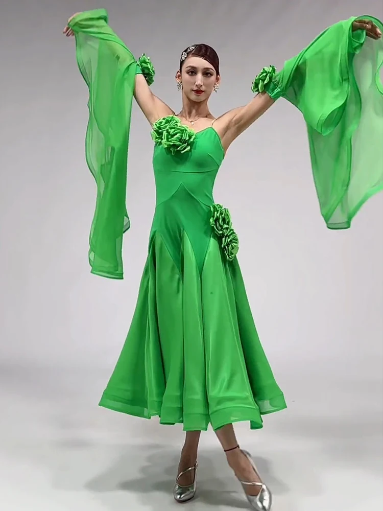 Ballroom Dans Jurk Vrouwen Zomer Standaard Moderne Dans Outfit Groene Dansvoorstelling Jurken Wals Competitie Kostuums 2409