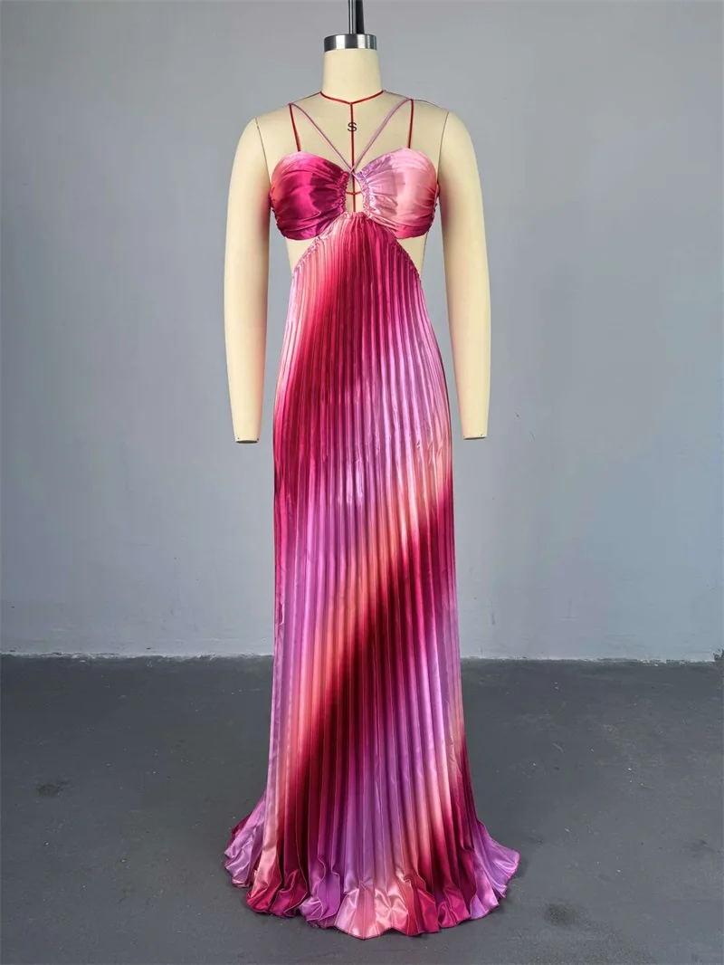 Pink Gradient Color Women Prom Dress Sexy Lace Up Back Sleeveless Ruched Ruffles Party Gown Casual Formal Prom Birthday Robe