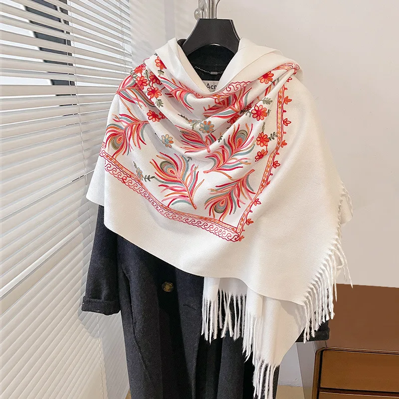 

Зимний теплый кашемировый шарф для женщин, одеяло из пашмины с цветочной вышивкой, толстая шаль, шейный платок, элегантное пончо Bufanda