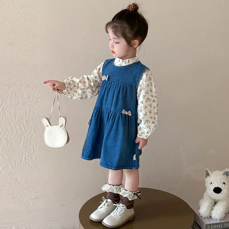 

Girls' Dress Autumn Outfit Children's Princess Dress Little Girl Stylish Fashionable Baby Denim Vest Dress Set Spring Autumn