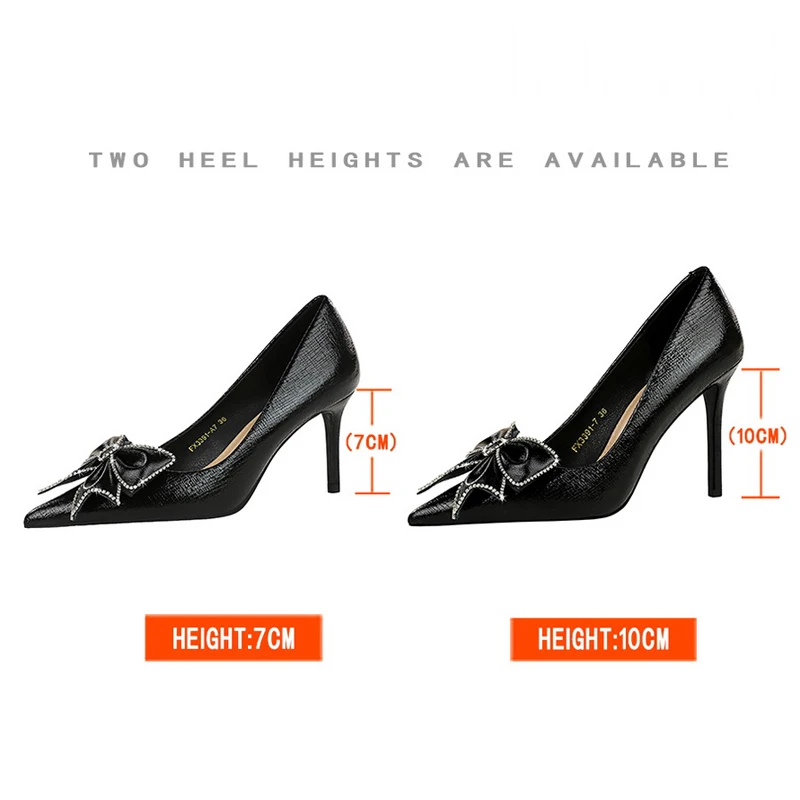 BIGTREE Shoes Women 7cm 10cm Heels Sharp Pointed Rhinestone Bow Women Pumps Luxury Banquet Shoes Stilettos Lady Wedding Shoes