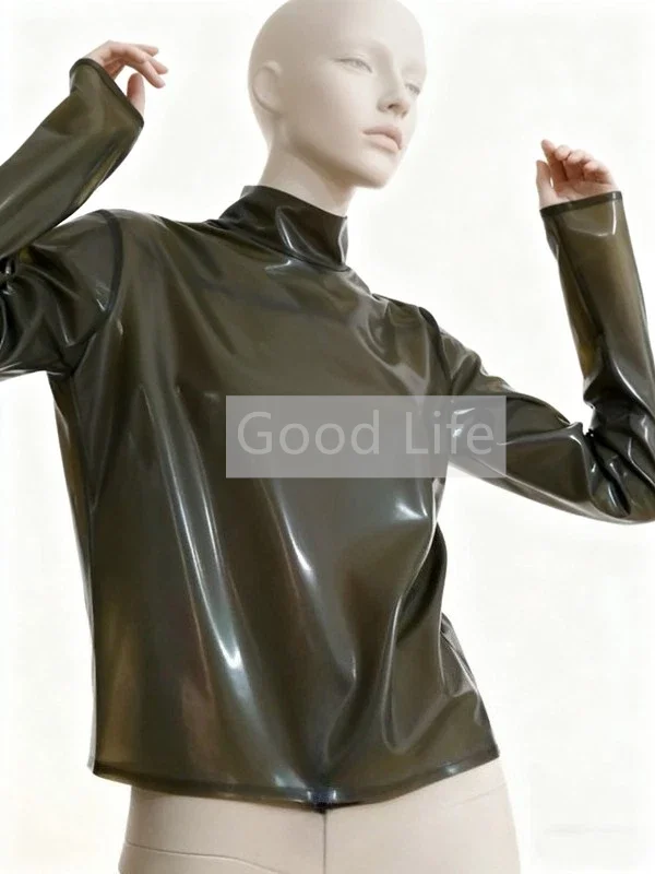 

Латексные женские топы ручной работы из каучука, облегающие, с длинными рукавами, латексные резиновые женские футболки, свободные повседневные блузки с молнией сзади, для Хэллоуина, косплей