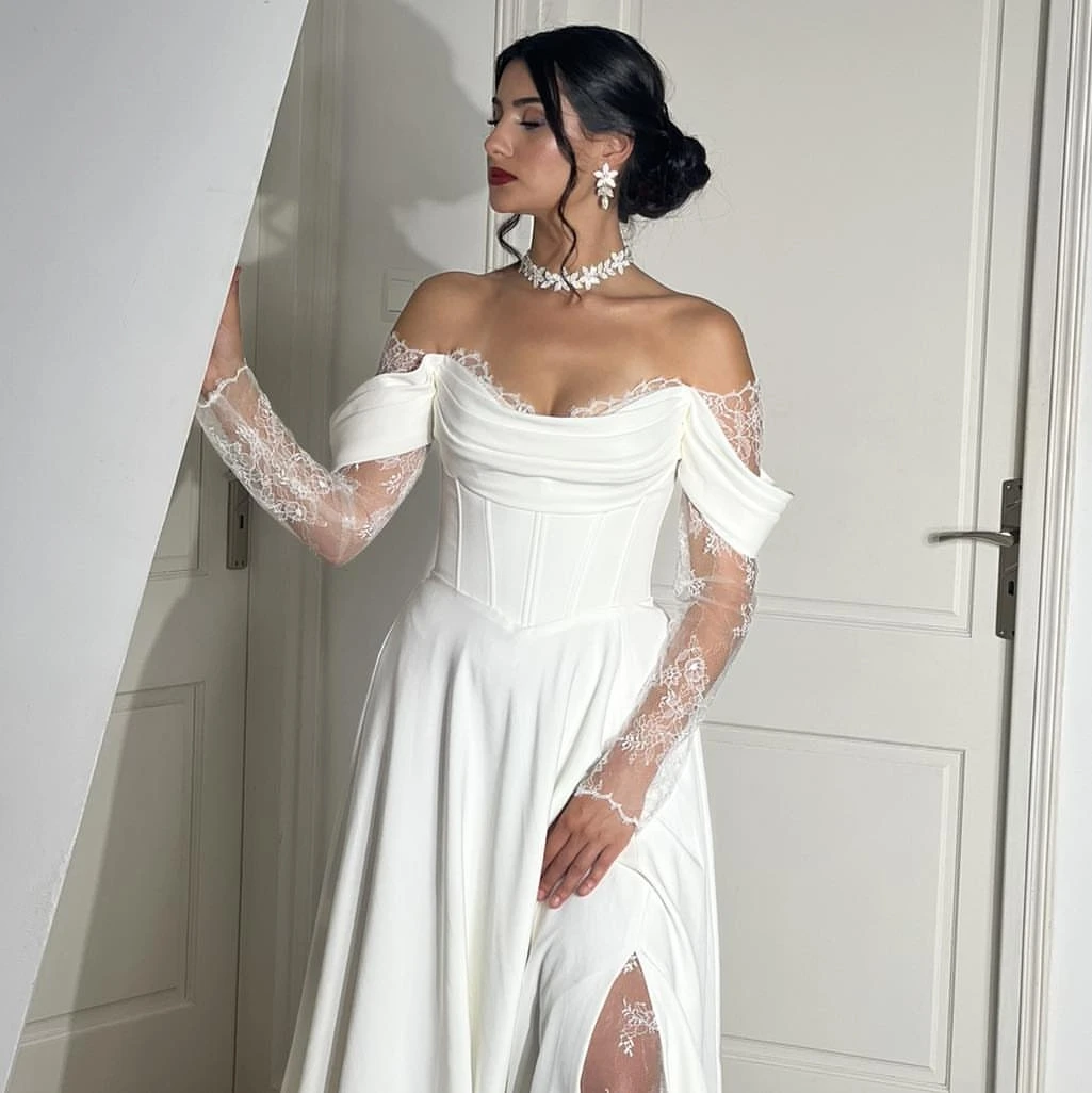 Sevintage 2025 Elegant A Line Wedding Dress Lace Long Sleeve Off Shoulder Bridal Gowns Customized Vestidos De Novia