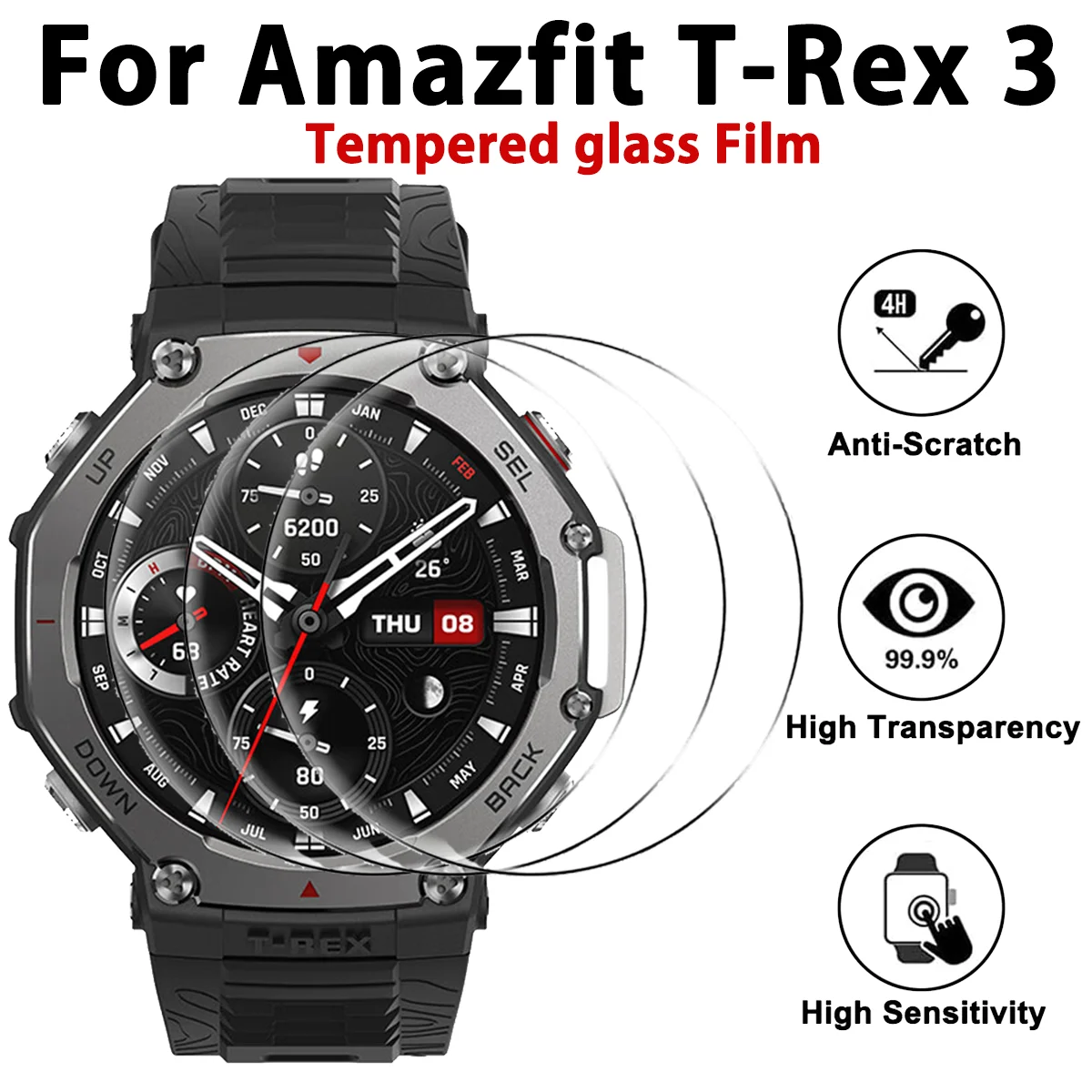 For Amazfit T-rex 3 HD Anti-fingerprint Tempered Glass Film Clear Smartwatch Screen Protector 3PCS Films