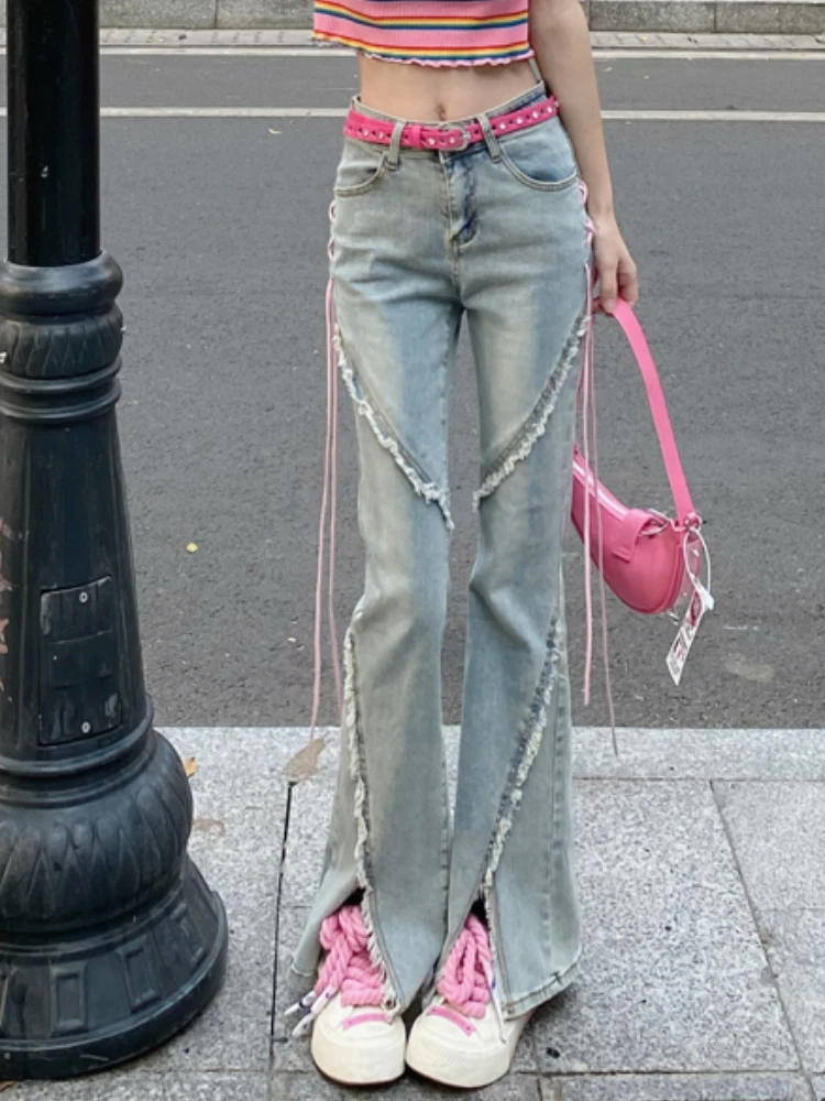 

Vintage Hight Waist Flare Jeans Women Korean Style Pink Lace-up Denim Pants Female Streetwear Retro Open Fork Pants Summer 2023