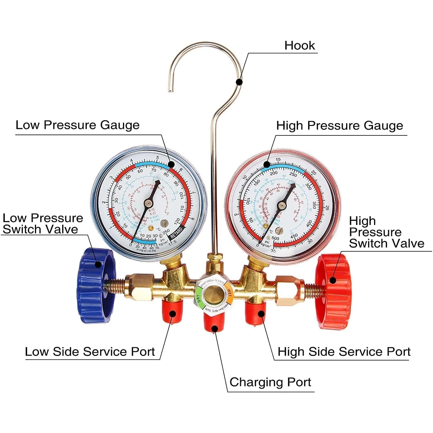 New Air Conditioning Pressure Gauge with Hose and Hook 3 Way AC Diagnostic Manifold Gauge Set for Freon For R12 R22 R404A R134a
