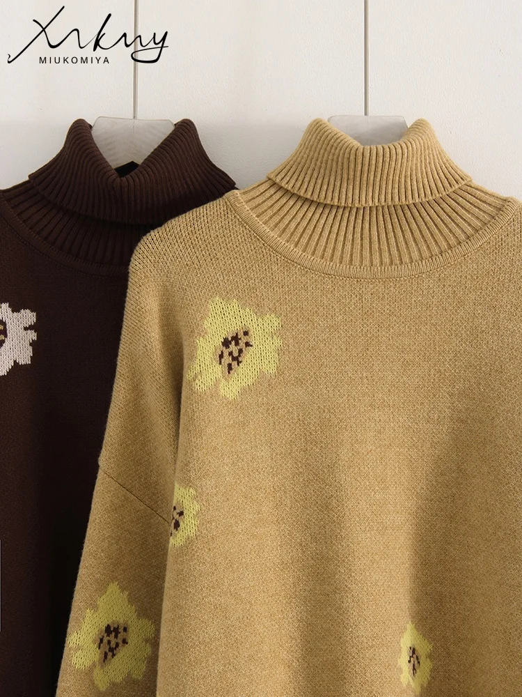 MiuKoMiYa 特大花柄セーター女性のための冬秋ニット暖かいプルオーバー女性ジャンパー女性のセータータートルネック